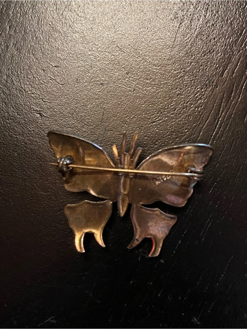 Vintage Damascene Butterfly Enamel Brooch in Black, White & Red